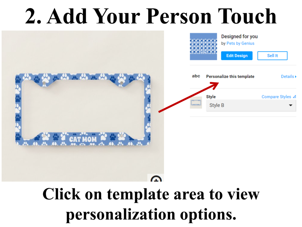 Click on template area to view personalization options.